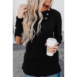 Black Buttoned Neck Knit Long Sleeves Top